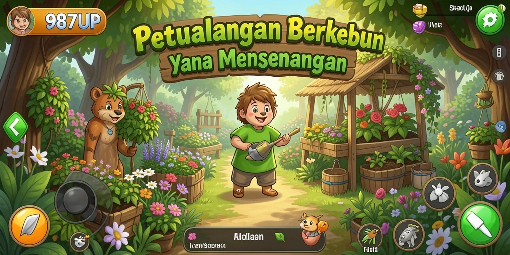 Screenshot gameplay 987UP menampilkan kebun yang subur dan berwarna-warni.