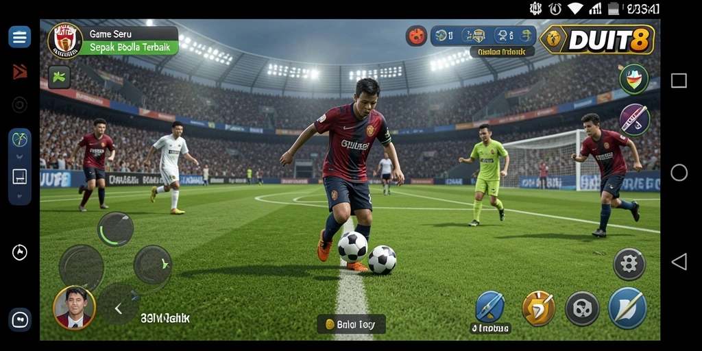 Screenshot gameplay DUIT8 yang menampilkan pertandingan sepak bola yang seru.
