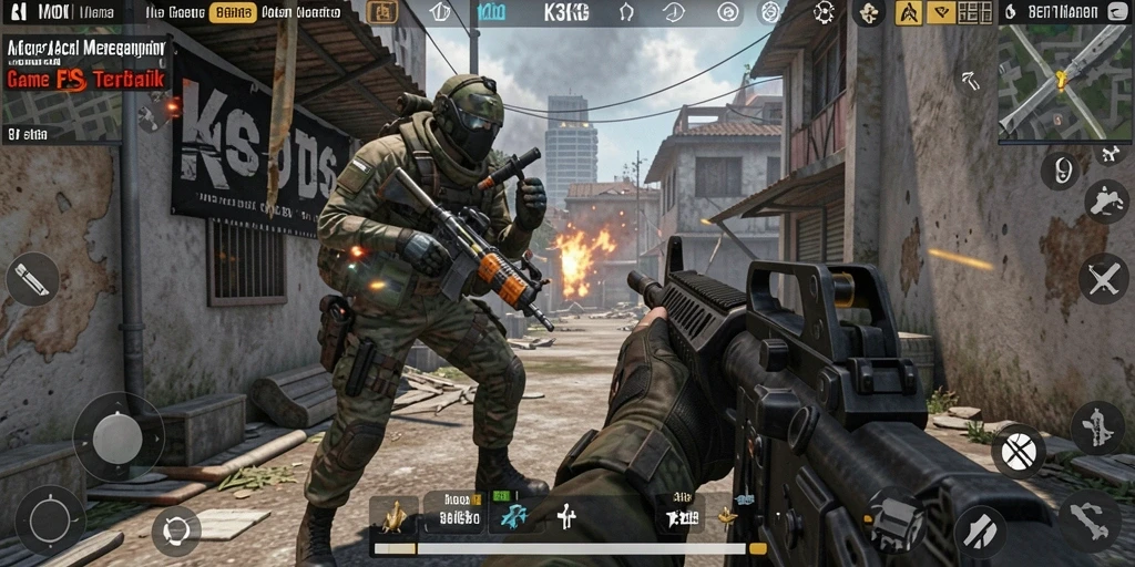 Tampilan gameplay seru dalam K3K3 dengan aksi tembak-menembak.
