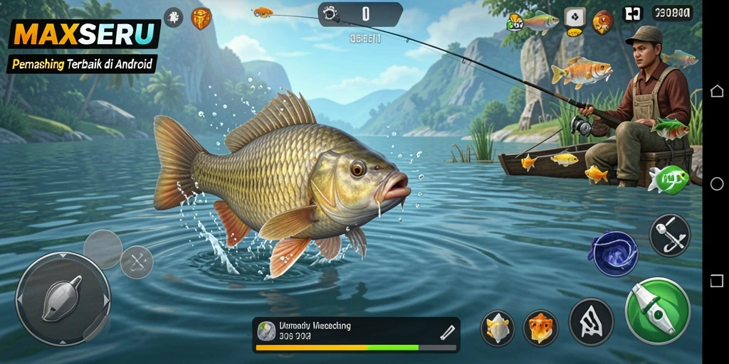 Gameplay <strong>MAXSERU</strong> yang menegangkan dan penuh warna saat memancing.