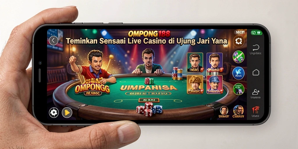 Screenshot gameplay OMPONG188 dengan dealer live dan suasana kasino langsung.