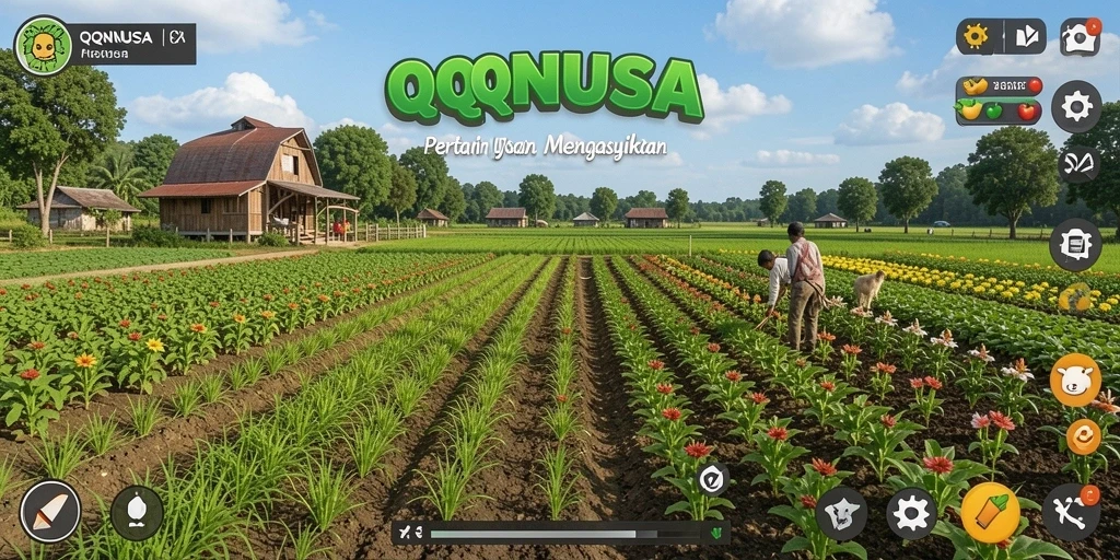 Tampilan gameplay QQNUSA yang menampilkan pertanian yang subur dan produktif.