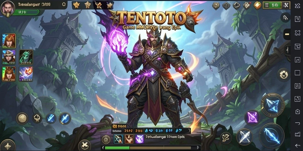 Screenshot utama TENTOTO menampilkan pertarungan epik dalam dunia MMORPG.