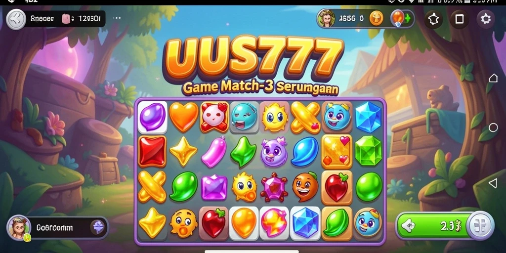 Tampilan gameplay UUS777 dengan berbagai simbol colorful.